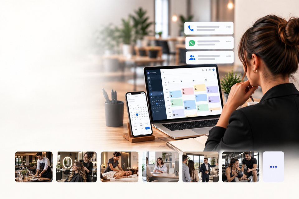 Una professionista guarda l'agenda di Agenda Smart sul computer e sul telefono; accanto le notifiche di una prenotazione nuova, di un promemoria via WhatsApp e di un cliente nuovo; sotto, i settori: ristoranti, parrucchieri, centri benessere, studi medici, consulenti, palestre