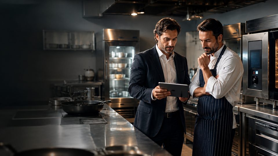 Un venditore di attrezzature e un ristoratore guardano insieme un preventivo sul tablet, in una cucina professionale