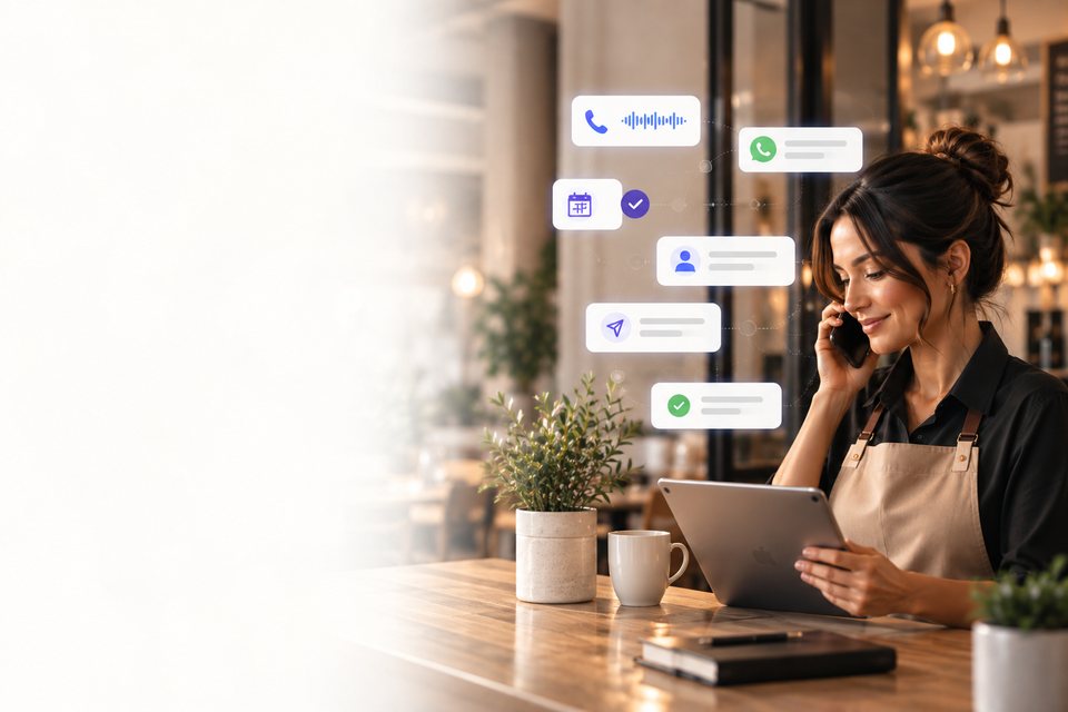 Una ristoratrice al telefono con il tablet in mano; accanto, la conversazione dell'assistente: la chiamata, la richiesta, il controllo dell'agenda, la conferma e il promemoria su WhatsApp