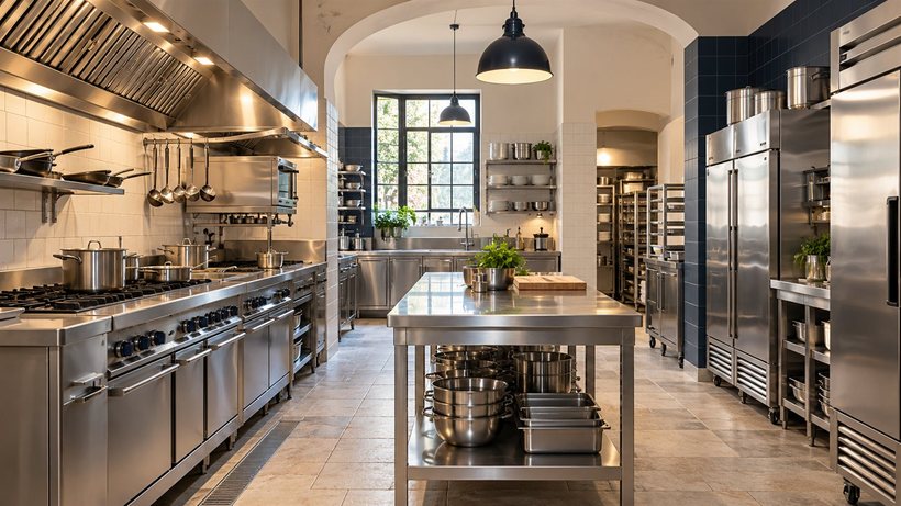 Cucina professionale di ristorante con linea di cottura, cappa, tavolo centrale e attrezzature inox