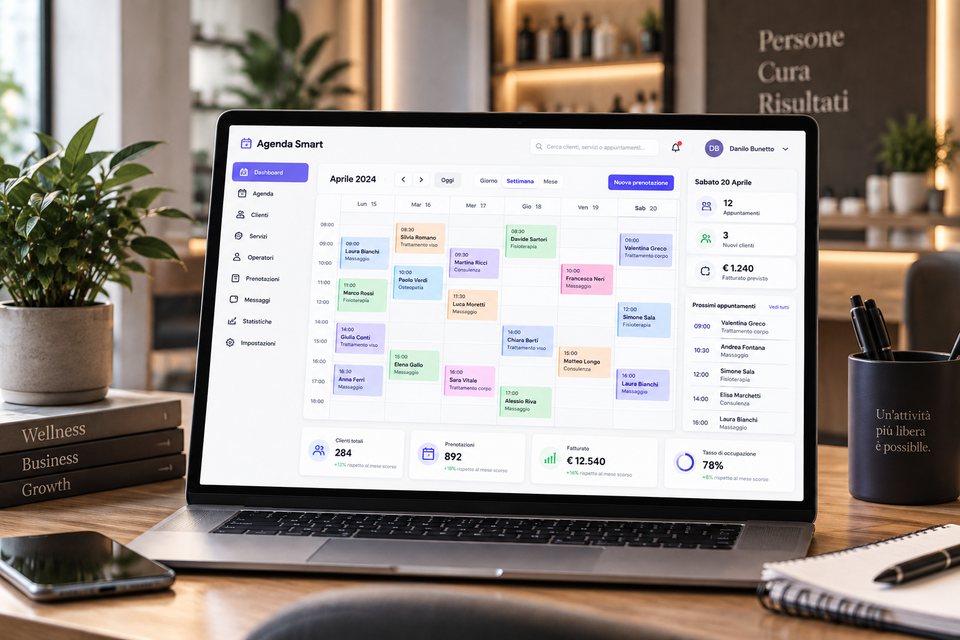 Il gestionale Agenda Smart aperto su un portatile: l'agenda della settimana con gli appuntamenti per operatore, i clienti, i servizi, gli appuntamenti di oggi e il riepilogo dell'attività