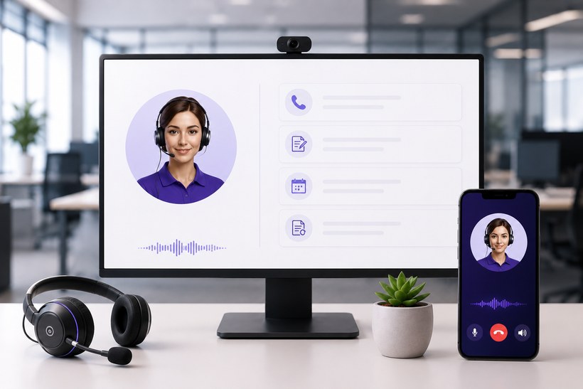 Giulia in chiamata sullo schermo dell'ufficio e sul telefono, con la richiesta che si scrive accanto