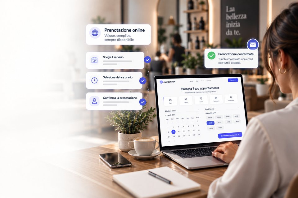 Una cliente prenota dal computer sulla pagina di Agenda Smart: sceglie il servizio, il giorno e l'orario, conferma, e riceve subito la conferma via email