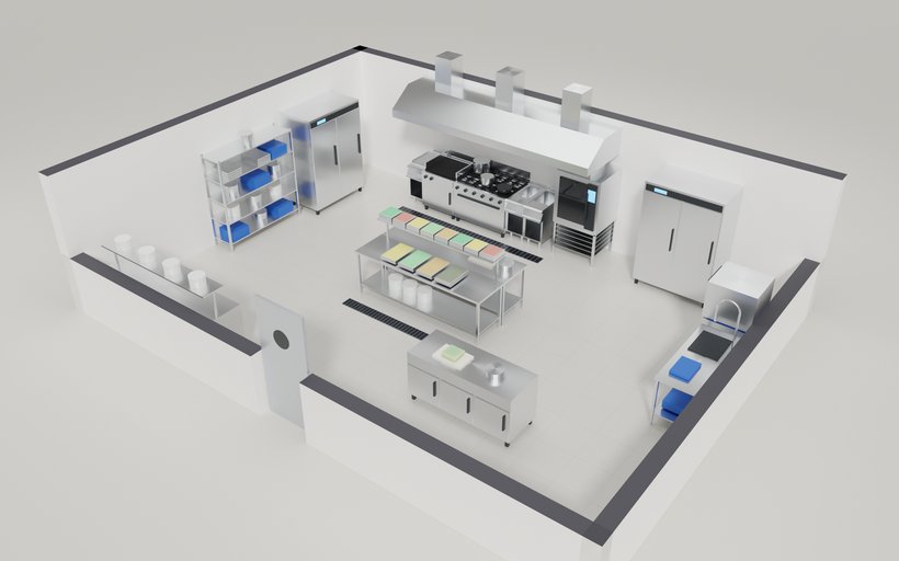 Una cucina professionale completa in 3D, resa in qualità fotografica: linea di cottura in acciaio inox sotto la cappa, forno combinato, isola di preparazione con le bacinelle, armadi frigo, scaffalatura, lavaggio e passe