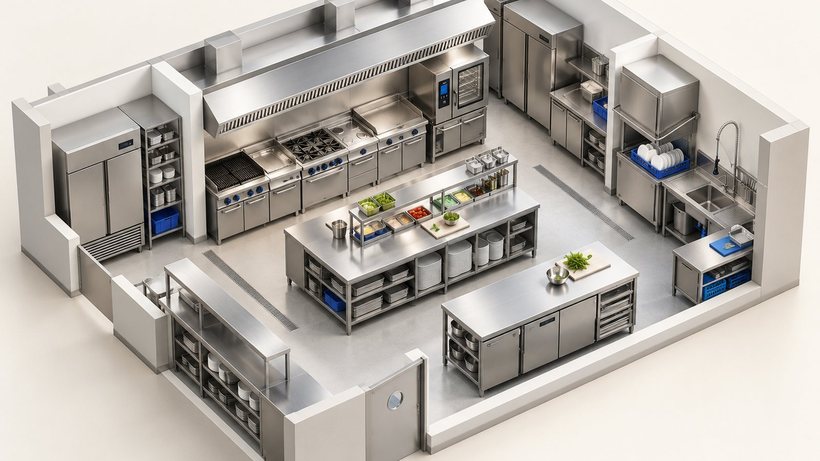 Una cucina professionale in 3D vista dall'alto con le pareti tagliate: linea di cottura sotto la cappa, isola di preparazione, frigoriferi, lavaggio e passe