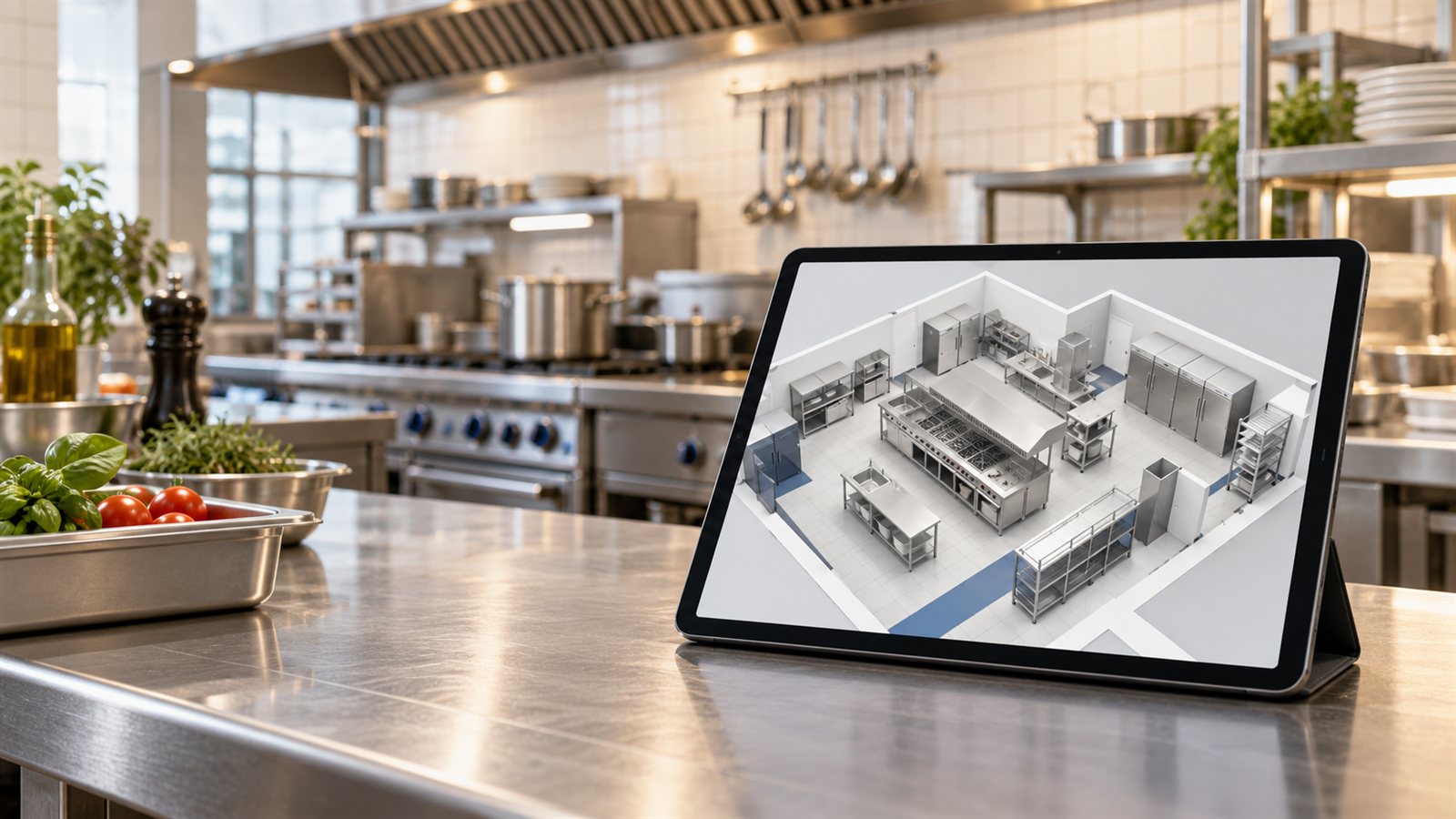 Tablet con vista tridimensionale di una cucina professionale appoggiato a un banco inox