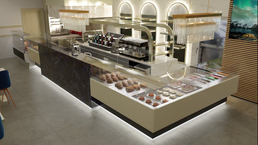 Il banco di una caffetteria-pasticceria: vetrine per le brioche e i dolci, vetrina del gelato, piano in marmo nero e, dietro, il retrobanco sotto un portale in ottone