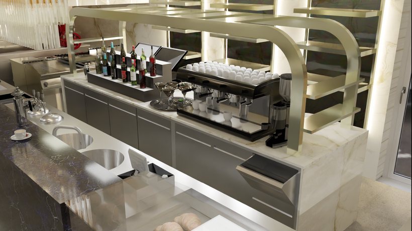 Il retrobanco: macchina del caffè a tre gruppi con le tazzine sopra, macinadosatori, gradini per le bottiglie, cassetti e il lavello nel banco davanti