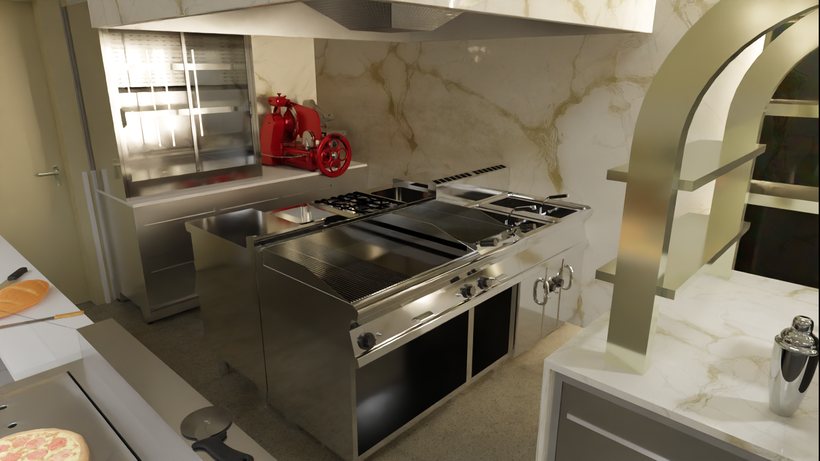 La linea di cottura di un locale con pizzeria: griglia, fry top, fuochi e friggitrice sotto la cappa, armadio inox e affettatrice a volano, banco della pizza in primo piano