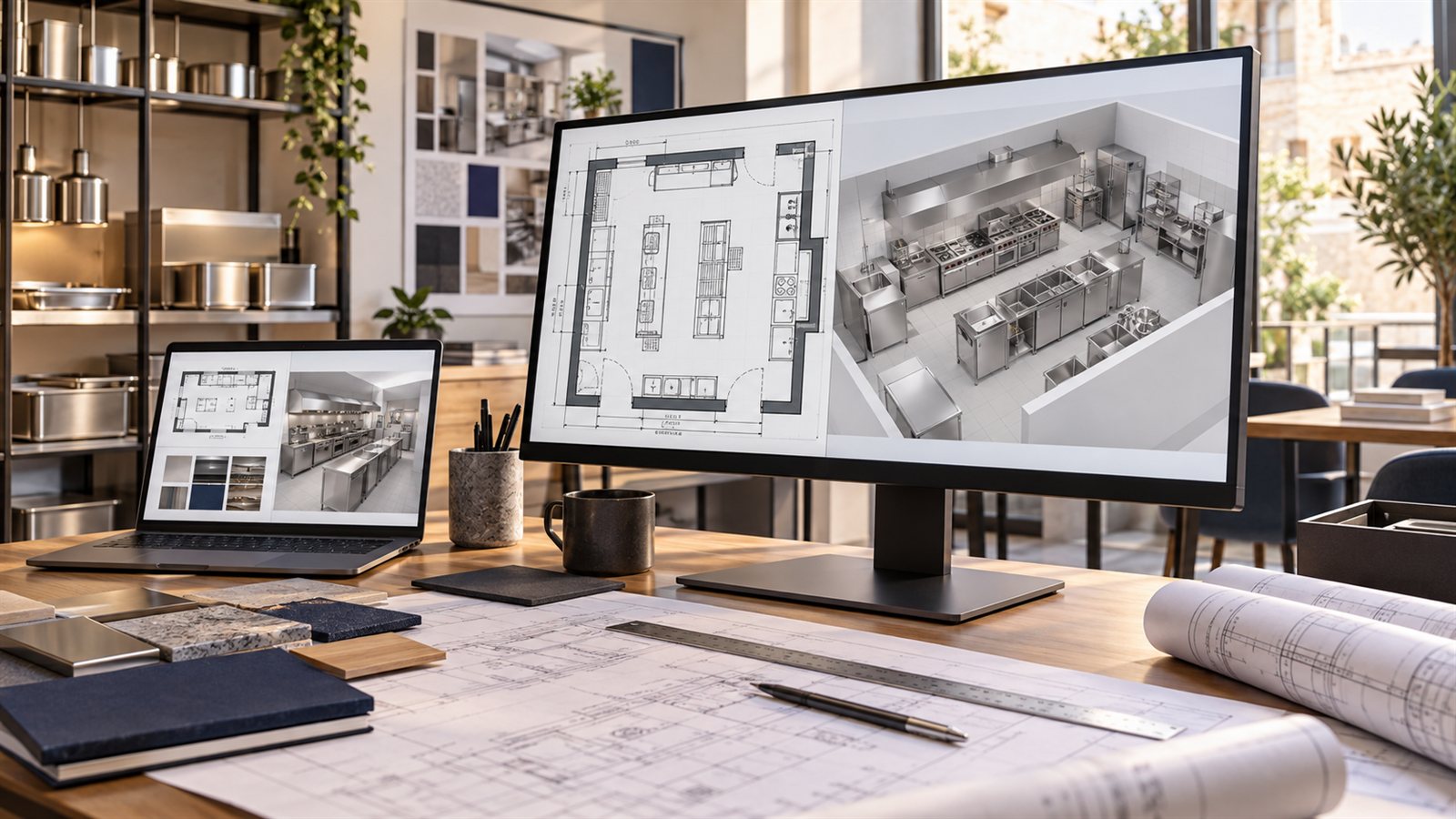 Postazione CAD con pianta e vista tridimensionale di una cucina professionale sul monitor